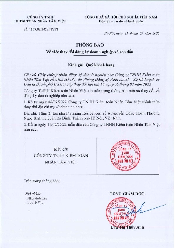 Thông báo thay đổi đăng ký doanh nghiệp và mẫu dấu của Công ty